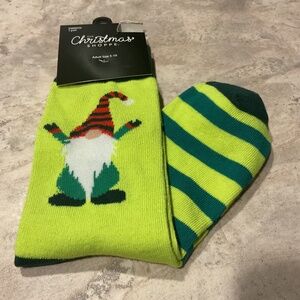 The Christmas Shoppe Gnome Socks green striped adult size